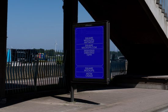 Urban outdoor billboard mockup featuring a digital ad display for design presentations, situated under a bridge next to a busy road.